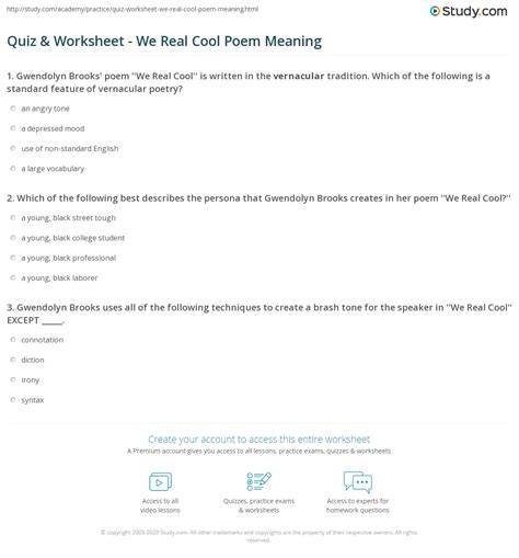 Quiz & Worksheet - We Real Cool Poem Meaning | Study.com