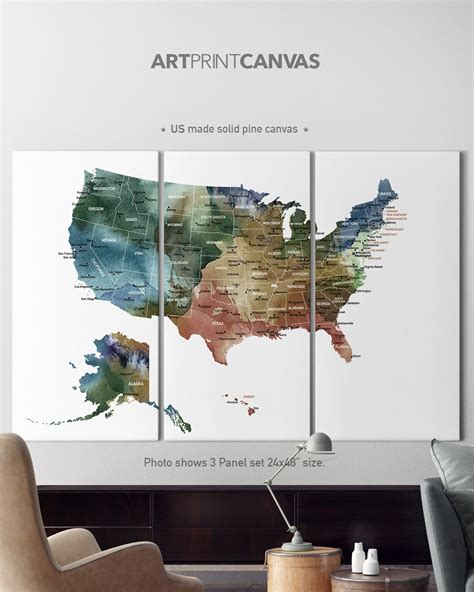 US Map Canvas Print, United States Map Canvas Watercolor, Canvas Map Wall Art, Home Decor ...