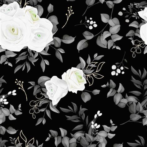 Free Vector | A black and white floral pattern with white roses and leaves.