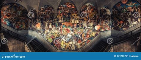 A Panoramic View of the Stairway Mural by Diego Rivera Inside the National Palace in Mexico City ...