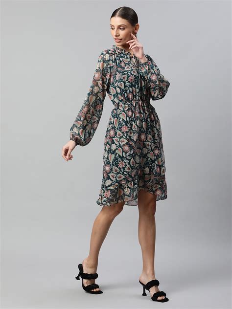 Buy Women Bottle Green Floral Printed Dress - Global Republic