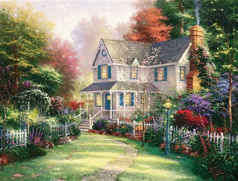 Thomas Kinkade landscape art painting reproduction cottage in spring garden canvas prints any ...