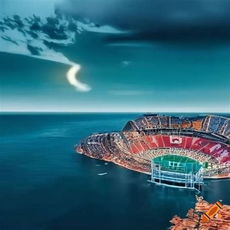 Realistic picture of a football stadium with ocean view
