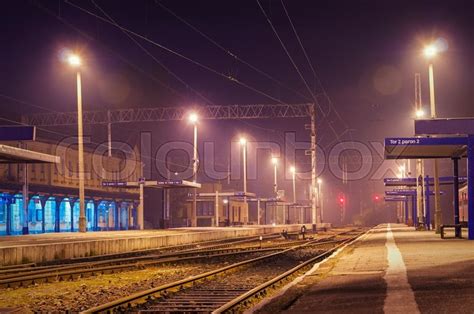 The train station at night. One train. | Stock Photo | Colourbox