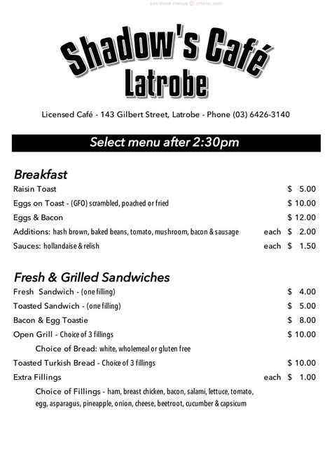 Online Menu of Shadows Cafe Restaurant, Latrobe, Tasmania, 7307 - Zmenu