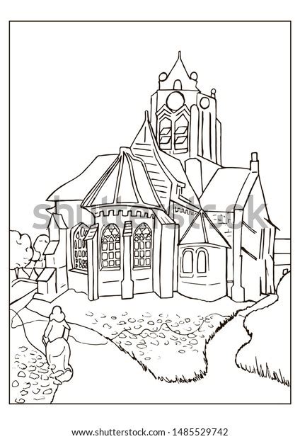 Coloring Page Church Auvers Based On Stock Illustration 1485529742 ...