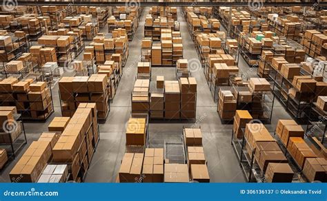 Boxes and Box Loaders in a Warehouse, Rows of Shelves with Boxe Stock ...