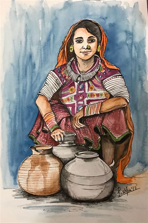 "Indian village woman with pots of water" watercolor and ink pen on paper from www ...