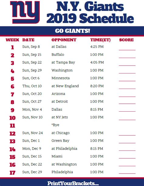 Printable Ny Giants Schedule 2023