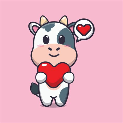 cute cow cartoon character holding love heart 6594482 Vector Art at Vecteezy