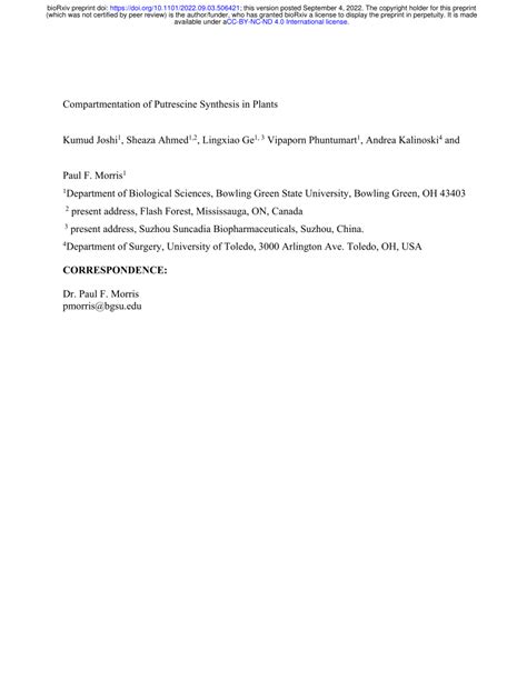 (PDF) Compartmentation of Putrescine Synthesis in Plants