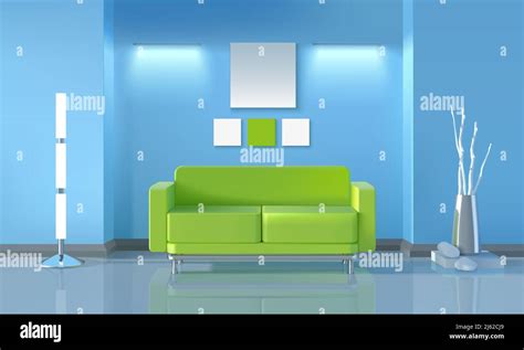 Modern living room realistic design with green sofa and lamps vector illustration Stock Vector ...