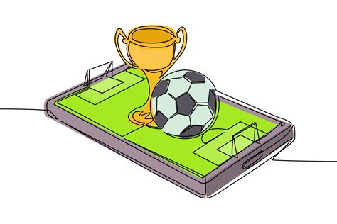 Single continuous line drawing soccer ball and trophy cup over virtual football field smartphone ...