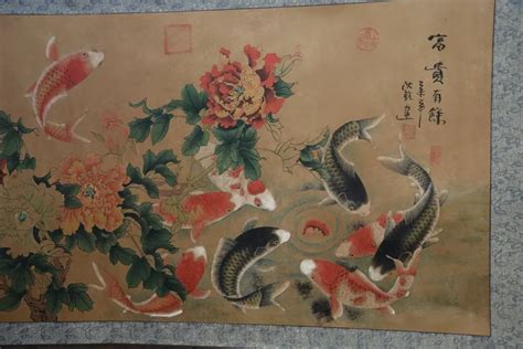 Hand painted Chinese paintings, picture the long axis of the Tang Dynasty in China,peony&fish ...