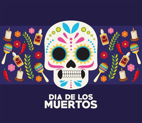 dia de los muertos celebration poster with skull head and set icons ...