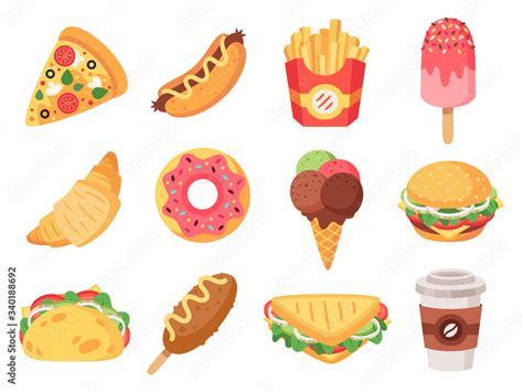 Fast food. Junk food and snacks, hamburger, taco, french fries, donut ...