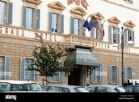 Florence, Italy - 13 July 2019: Exterior of luxury five-star Grand ...