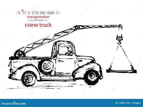 Hand-drawn Vintage Transport Crane Truck. Quick Ink Sketch Stock Vector - Illustration of lines ...