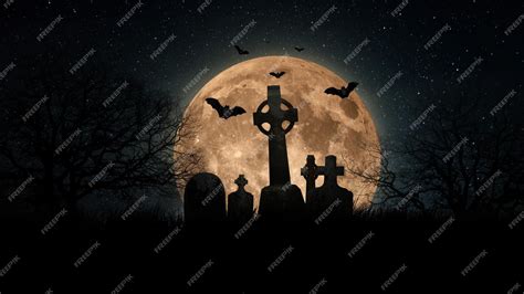 Premium Photo | Scary night landscape with red full moon graveyard with ...