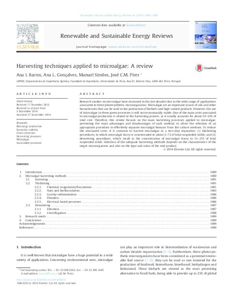 (PDF) Harvesting techniques applied to microalgae: A review | Manuel Simões - Academia.edu