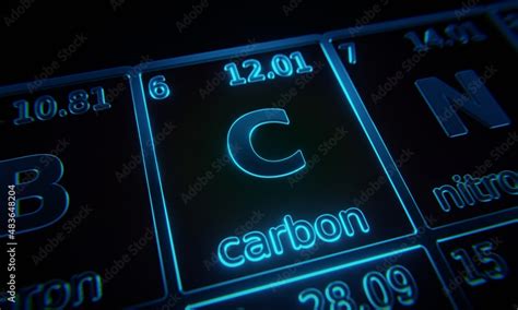 Focus on chemical element Carbon illuminated in periodic table of ...