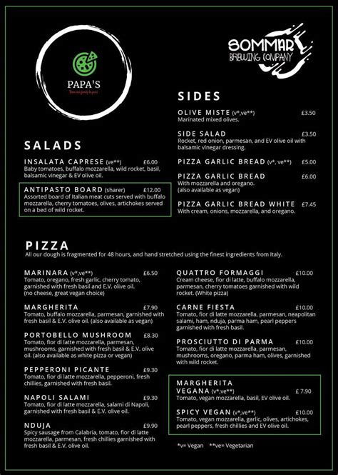 Menu at Papa's Pizzeria, Wednesbury