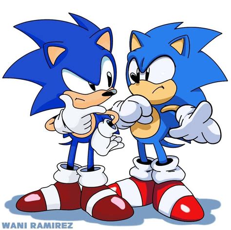 two sonics are standing next to each other and one has his hand on the back of