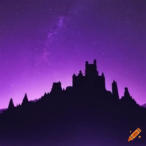 Silhouette of a castle on a snowy mountain under a starry sky on Craiyon