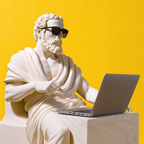 Premium AI Image | Greek statue smiling wear sunglasses programming on laptop