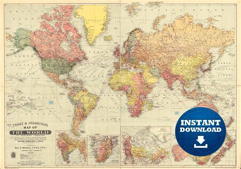 Digital Vintage Colorful World Map Printable Download. Vintage World ...