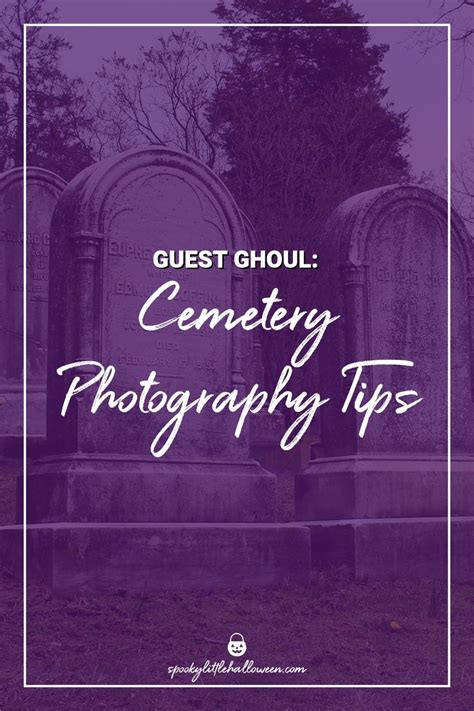 cemetery with the words guest ghoul cemetery photography tips in white over purple background