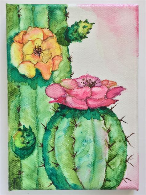 Original Artwork - Watercolor on Canvas - Blooming Cactus - Desert Art ...