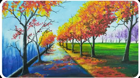 Oil pastel drawing/How to draw Autumn scenery with oil pastel/Oil pastel drawing of nature ...