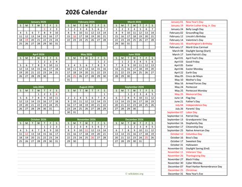 2026 Calendar with US Holidays | WikiDates.org