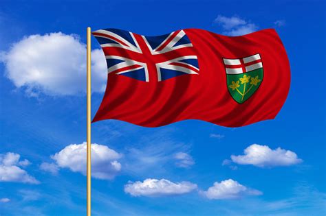 Flag Of Ontario Waving On Blue Sky Background - Arte vetorial de stock ...