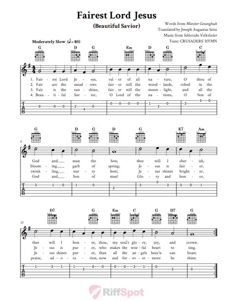 Fairest Lord Jesus - Easy Guitar Sheet Music and Tab with Chords and Lyrics