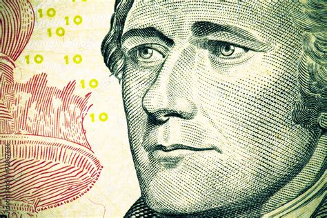 Close up to Alexander Hamilton portrait on ten dollar bill. Tone Stock ...