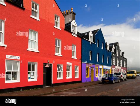 Brightly painted houses in the village of Tobermory on the Isle of Mull Inner Hebrides Scotland ...