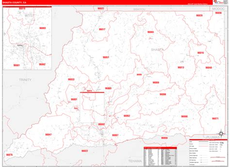 Shasta County, CA Zip Code Wall Map Red Line Style by MarketMAPS