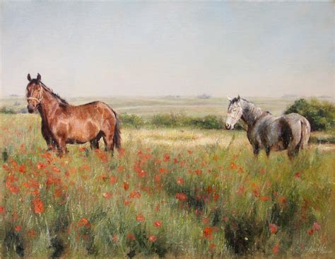 Horses in a Poppy field – Landscape Animals Oil painting | Fine Arts Gallery - Original fine Art ...