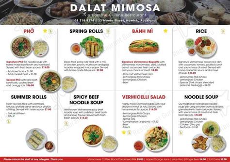 Menu at Dalat Mimosa Restaurant, Auckland