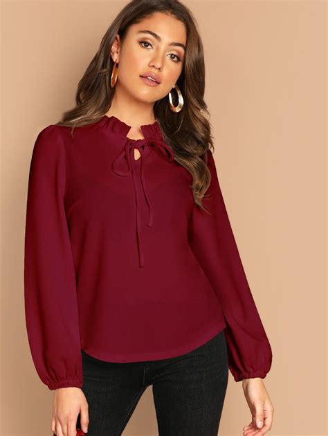 SHEIN Frill Tie Neck Curved Hem Top | Casual tops for women, Curved hem top, Blouses for women