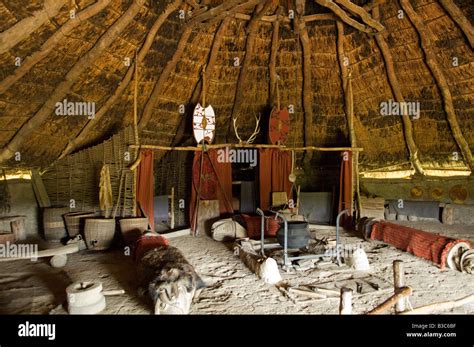 UK, Wales, Pembrokeshire. Interior of the re-created Chieftain's Hut ...