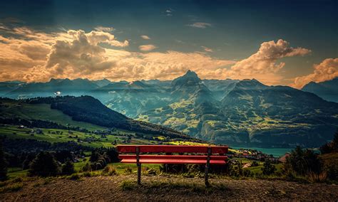 壁紙、風景写真、山、The red bench、ベンチ、雲、自然、ダウンロード、写真