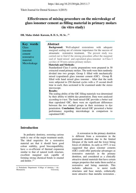 (PDF) Effectiveness of mixing procedure on the microleakge of glass ionomer cement as filling ...