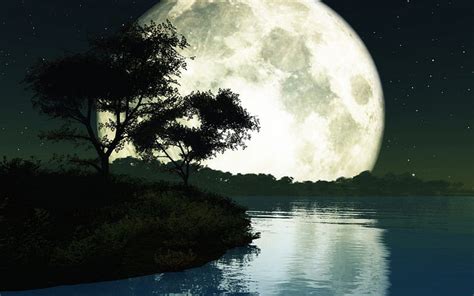 Big moon on lake, lakes, 3d, HD wallpaper | Peakpx