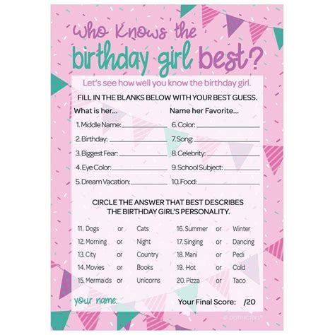 Who Knows the Birthday Girl Best Game - 10 Player Cards in 2020 | Birthday party for teens ...