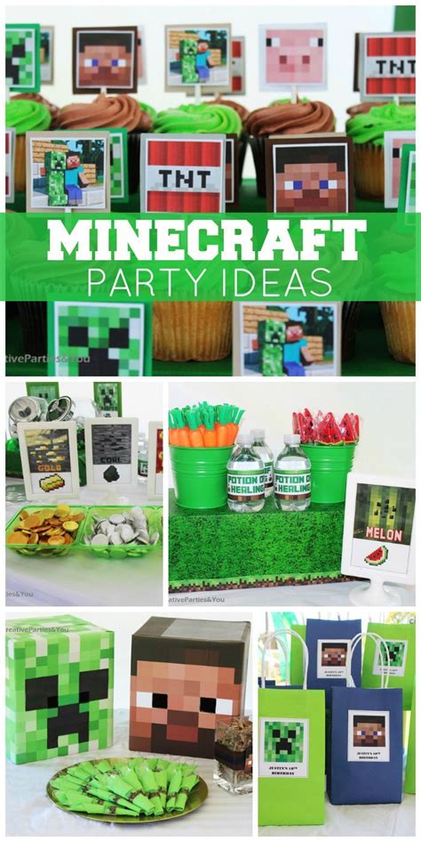 This cool Minecraft boy birthday party has a great cake, decorations and food ideas! See more ...