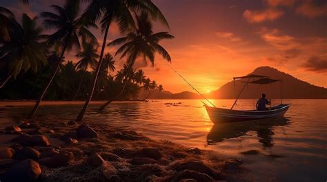 Premium AI Image | Sunset on the beach with finishing boat view