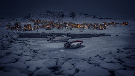 nature, Landscape, Winter, Snow, Ice, Mountains, Snowy peak, Greenland, Evening, Village, House ...